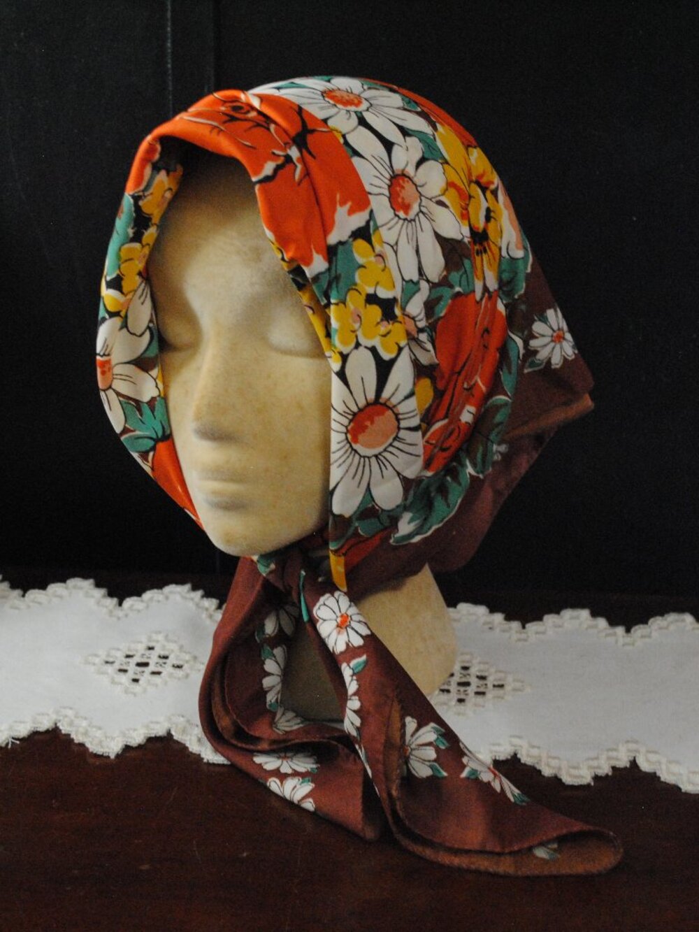Vintage Large Orange, White, & Brown Floral Scarf 1970s
